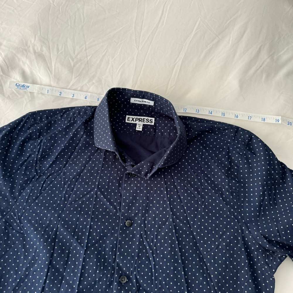 Men’s Express Extra Slim Dots Dress Shirt, Navy Blue - Picture 10 of 11